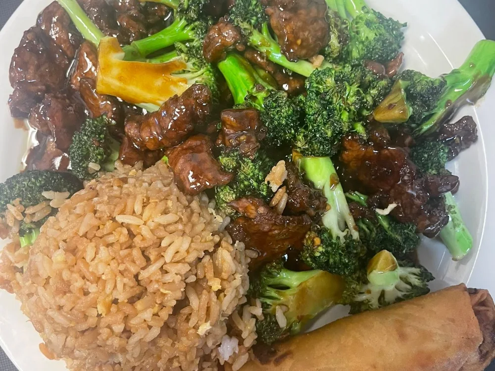 Beef and broccoli with fried rice and an egg roll at Shanghai Town