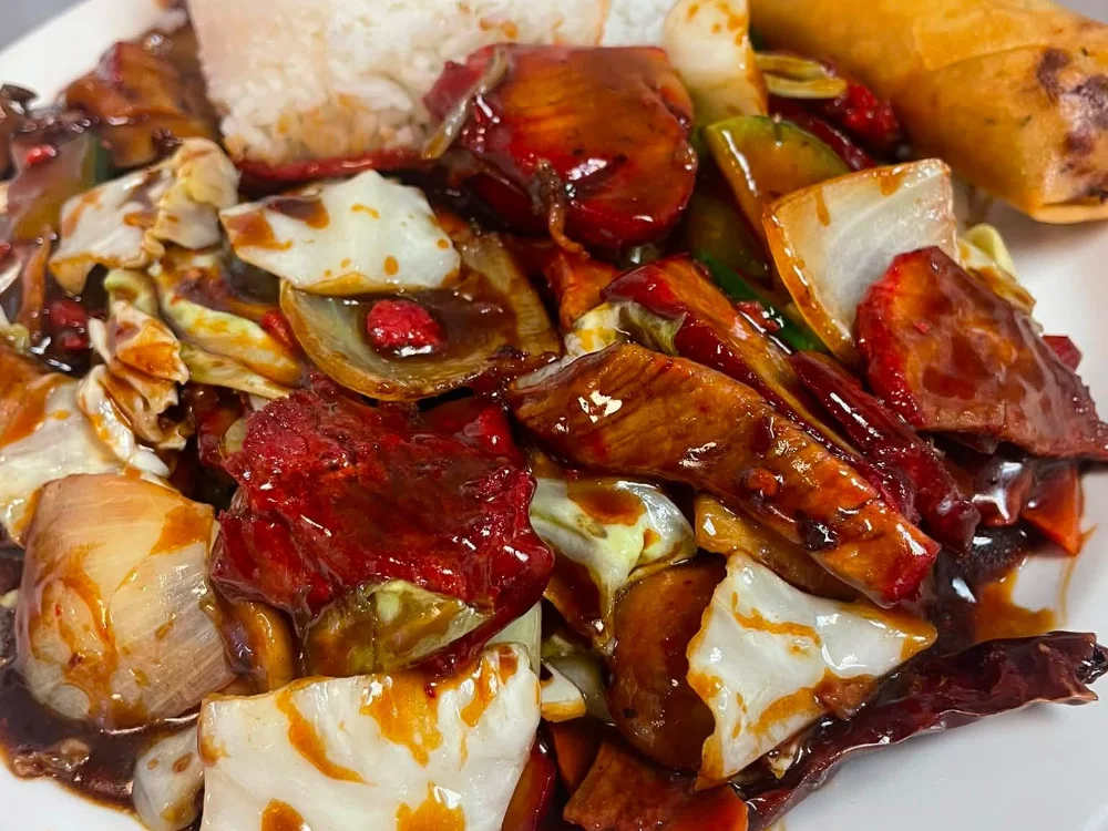 Double cooked pork with cabbage, steamed rice and an egg roll at Shanghai Town