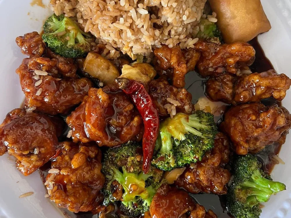 General Tso chicken with fried rice and an egg roll at Shanghai Town